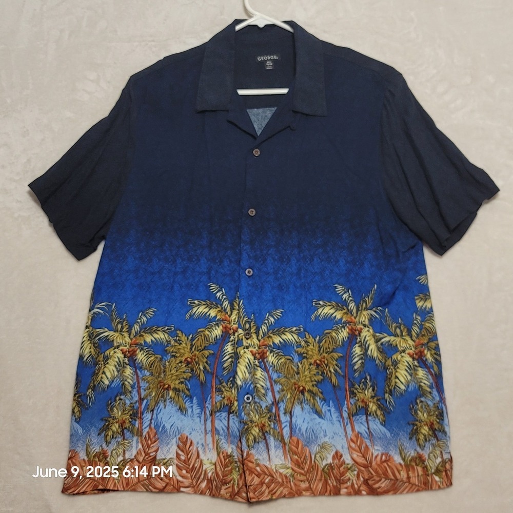 George Men's Hawaiian Shirt Sz XL Loop Collar Rayon Blue Tropical